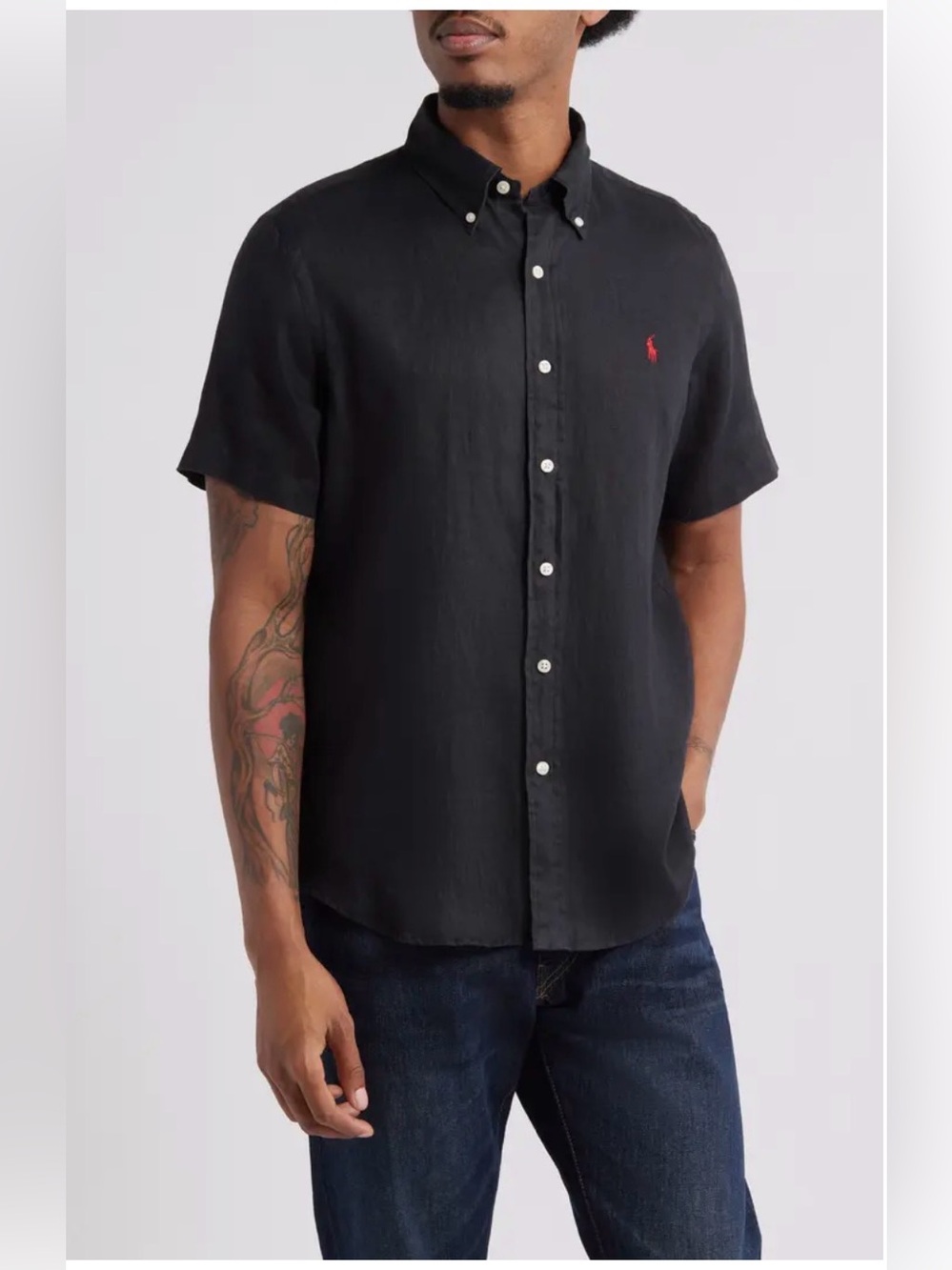 Ralph Lauren Black Short-Sleeve Button-Down Shirt with Red Pony